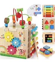 Wooden Activity Cube, 8-in-1 Wooden Montessori Learning Toys for 18 M+ Toddle...