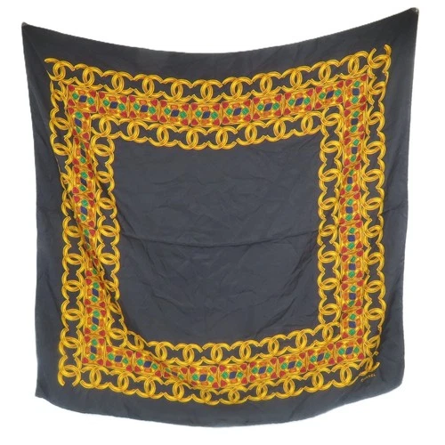 CHANEL COCO Mark Gemstone Motif Vintage Scarf black Italy silk 15041