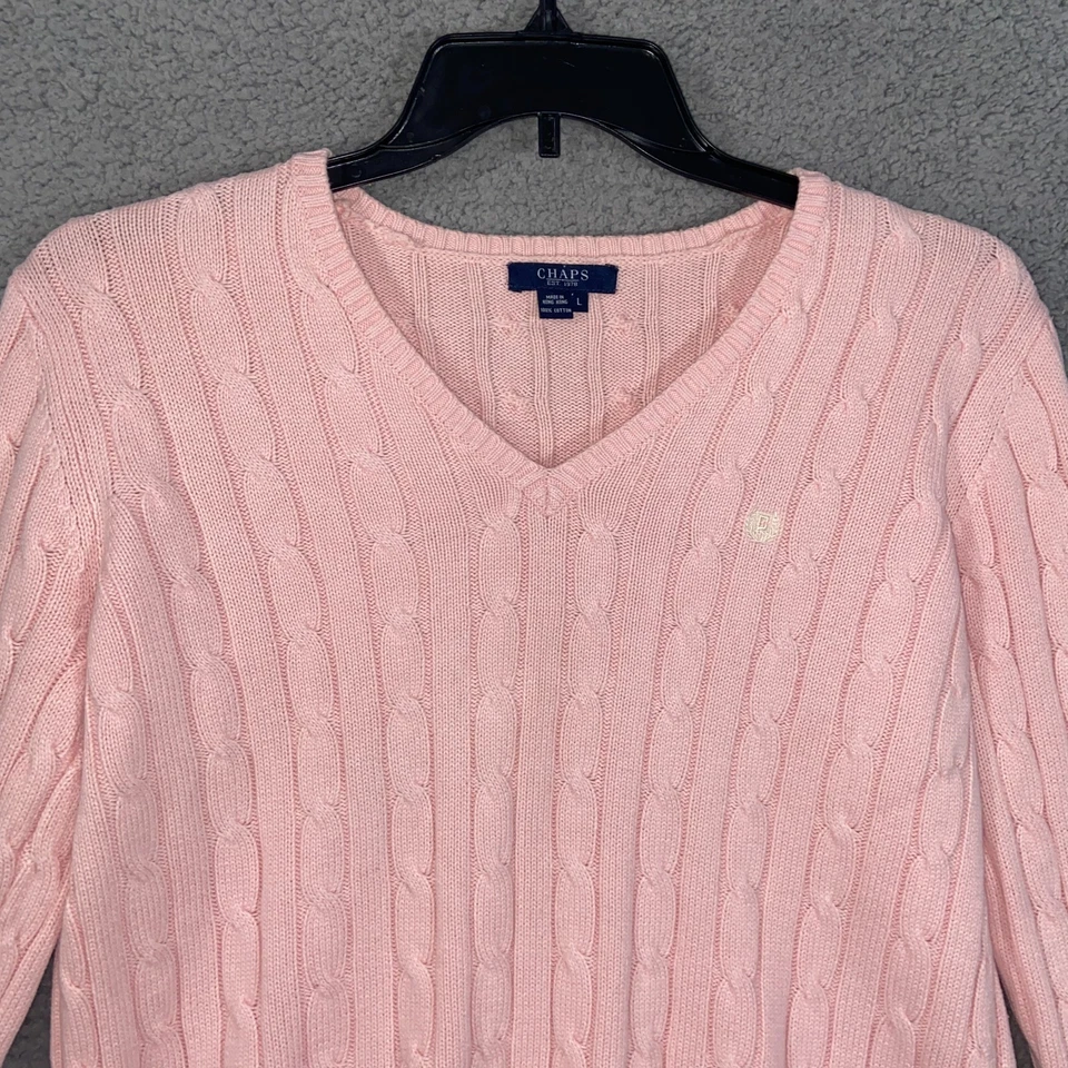 Suéter Chaps Mujer Grande Rosa Cuello en V Recortado Manga Larga Algodón Tejido Foto 2 de 4