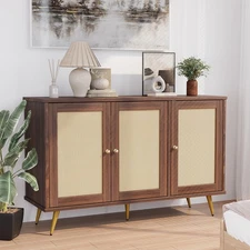 Large Rattan Storage Cabinet Modern Sideboard Accent Space with Decorated Doors