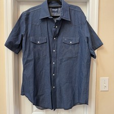 Wrangler Western Snap Shirt Men s XL Blue Denim Short Sleeve Pearl Snap