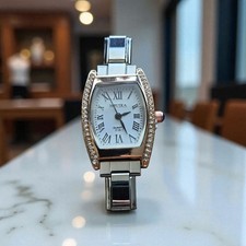 Italian Charm Bracelet Silver/Rose W Rhinestones Quartz Watch Stainless Steel