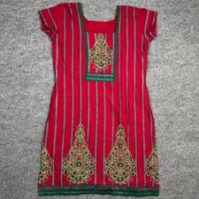 Women's Red Embroidered Kurti Indian Suit Top Ethnic Tunic Green Accents NO TAG
