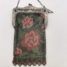 GORG Antique Vintage 1920  s Floral Silver mesh enamel metal flapper purse bag