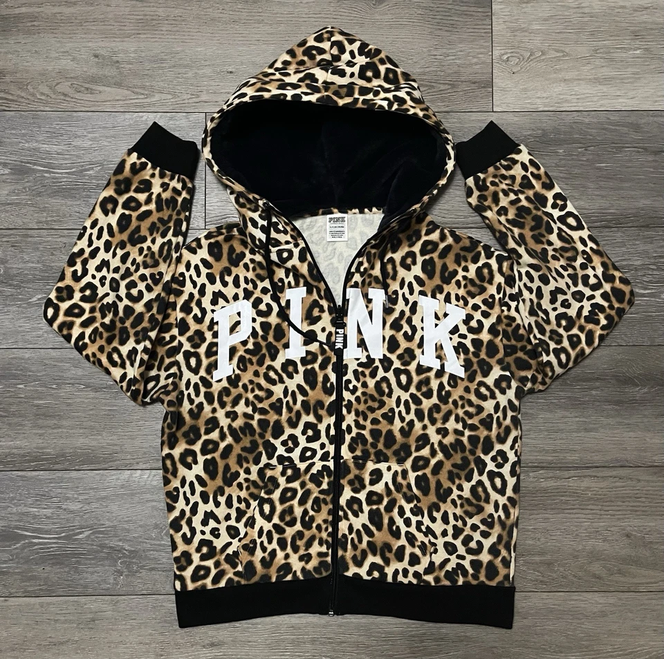 Victoria's Secret Rosa Estampado de Leopardo Imitación Piel Capucha Cremallera Completa Sudadera con Capucha PEQUEÑA Foto 3 de 4