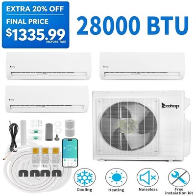 28000 BTU 3 Zone AC Ductless Mini Split Air Conditioner & Heat Pump - 9K+9K+9K