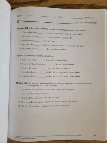 God's Gift Of Language C Grade 6 Student Tests & Quiz Book, Teacher Answer Key - Picture 7 of 11