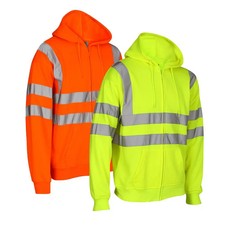 Hi Viz Vis High Visibility Long Sleeves Full Zip Up Hoodie Mens Safety Jumper