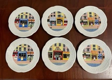 Philippe Deshoulieres Limoges Set Of 6 “Merchants Row” Canape Plates Shop Scenes
