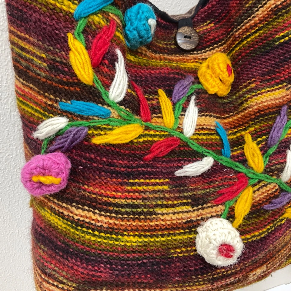 Nepal Bohemian Hobo Bag Crossbody Nepal Cotton Wool Colorful Crochet 3D Flowers - Image 4 of 4