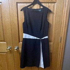 Lauren Ralph Lauren White Geometric Stripe Black Dress Pleat Formal Career Work