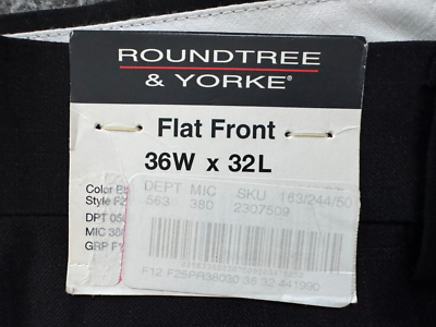 NWT Roundtree & Yorke Dress Slacks Men's 36x32 Black Flat Front
