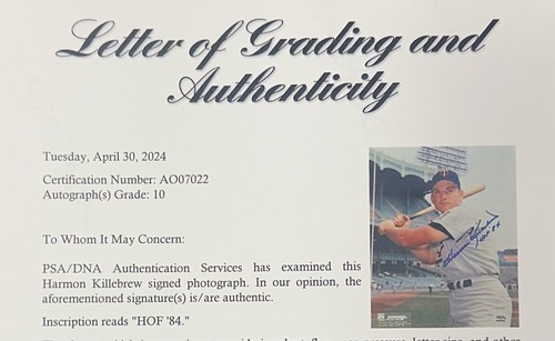 Harmon Killebrew Signed 8x10 Vintage Photo PSA 10 Gem Mint HOF 84 Auto Twins LOA - Picture 7 of 10