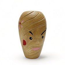 Modern Abstract Carved Hand Painted Wood Vase Woman Pink Lips Floral Face Cheeks