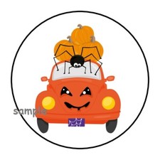 30 CUTE HALLOWEEN ENVELOPE SEALS LABELS STICKERS 1.5" ROUND CAR BUGGY SPIDER