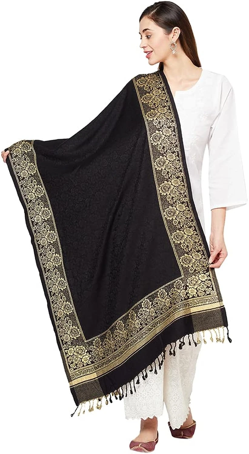 Latest New Four Side Border Stole Shawl With Self Design For Women Colour_Black