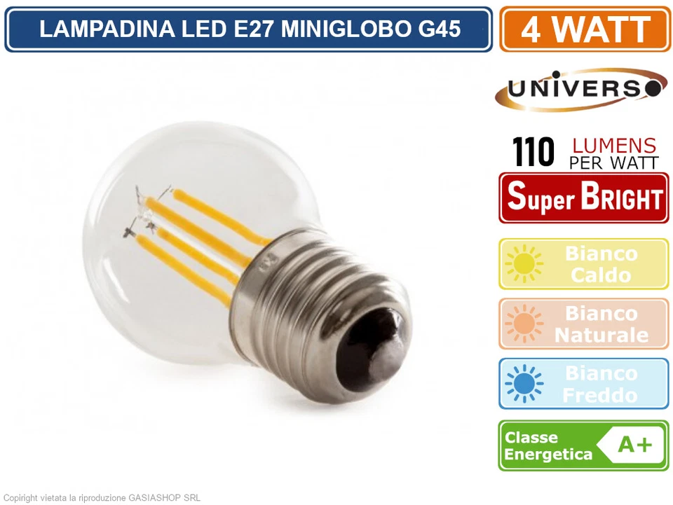 5 PEZZI LAMPADINA LED UNIVERSO E27 4W MINIGLOBO G45 A FILAMENTO 440 LUMEN - Immagine 3 di 3