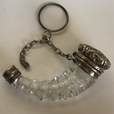 Antique Silver Mounted Cut Glass Hunting Horn Shaped Novelty Scent Bottle 5.5cm