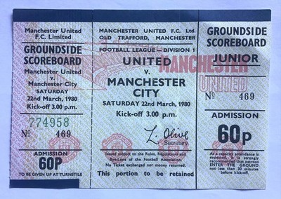 UNBENUTZTES Ticket Manchester United gegen Man City 1979/1980 selten Division One