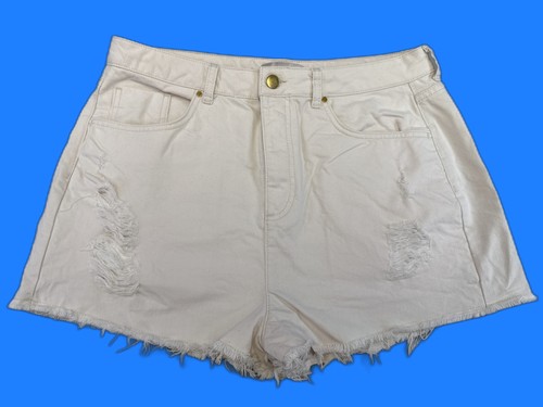 M&S T69 /9534J High Waisted Denim Shorts Womens 16 Ecru Regular Fit Frayed