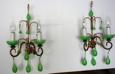 Beautiful High Quality A Pair Of Gilt Metal Murano Glass Drop Wall Lights,