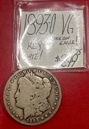 1893-O Morgan Silver Dollar (VG) Very Good! Key Date! Mark On Eagle. ENN Coins