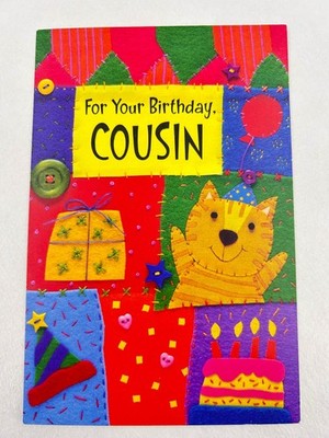 Carlton Cards Birthday Greeting Card For Cousin Patchwork Cat Felt Look Design
