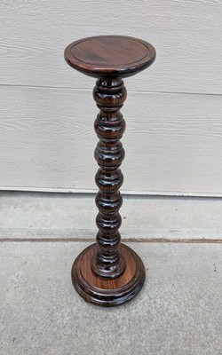 Vintage Rustic Pine Wood Pedestal Plant Stand Bobbin Spool Turned Column Table