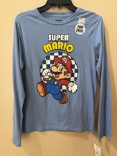 Boys  Nintendo Super Mario Puff Paint Long Sleeve Blue Shirt Size XL NWT