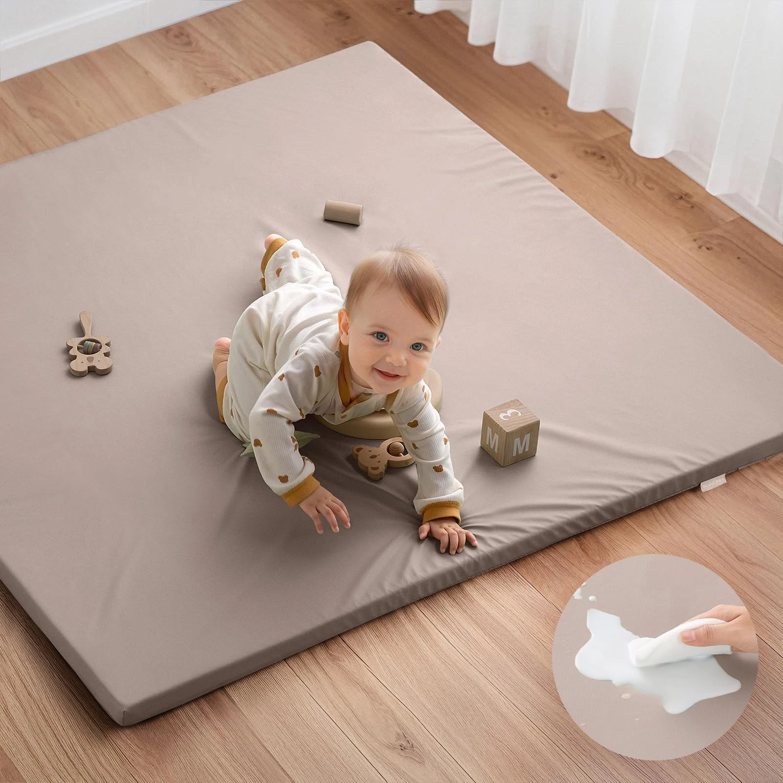 Vegan Leather Baby Play Mat, 47x47 Thicken Foam Cushioned & Waterproof Plaype...