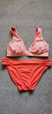 WOMEN'S 2 PIECE MARKS & SPENCERS RED/WHITE GINGHAM BIKINI TOP/PLAIN BOTTOM UK 8