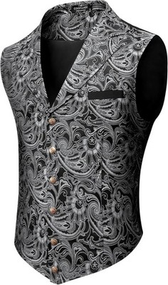 Mens Steampunk Suit Vest Jacquard Paisley Gothic Waistcoat with Notched Lapel