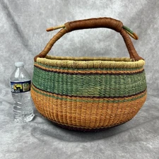 Bolga African Market Basket Large Orange Purple Green Hand Woven Wrapped Handle