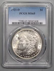 BU GEM 1921-d Silver MORGAN Dollar.  PCGS MS65.  White.  #105 m