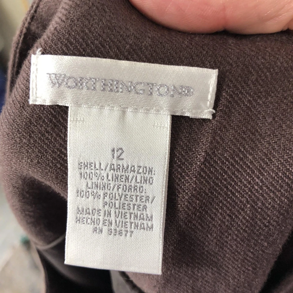 Falda Worthington Mujer Talla 12 Marrón Blanco Mezcla Lino Línea A Preppy Retro Foto 3 de 4