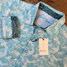Robert Graham Paisley Floral Button-Up Shirt Men XL Turquoise Linen Flip Cuff LS