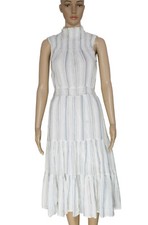 Warm Striped Prnted Mock Neck Sleeveless Smocked Ivory Cotton Midi Dress New XS