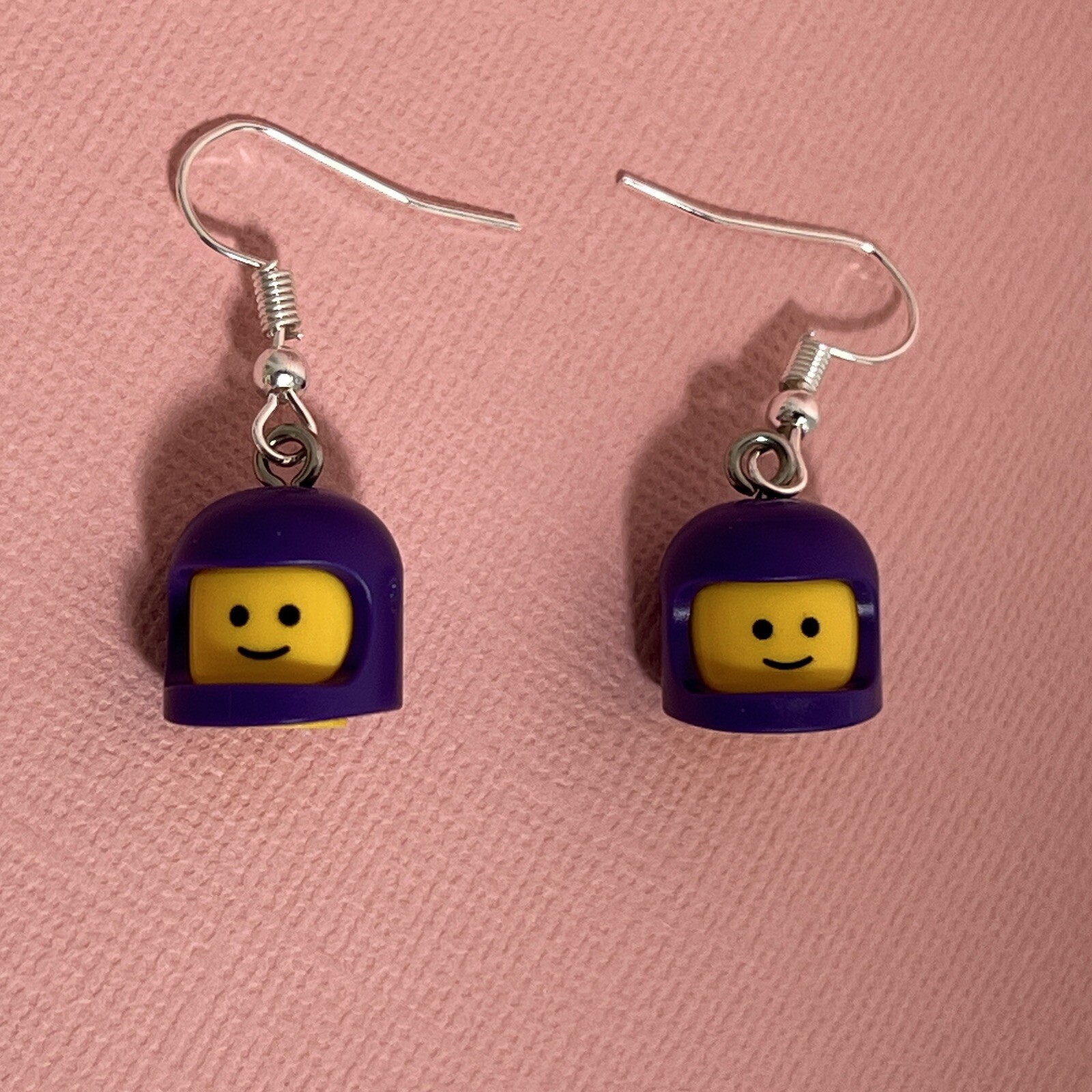 LEGO Purple Space Helmet Head Hook Dangle Drop Earrings Cool Cute