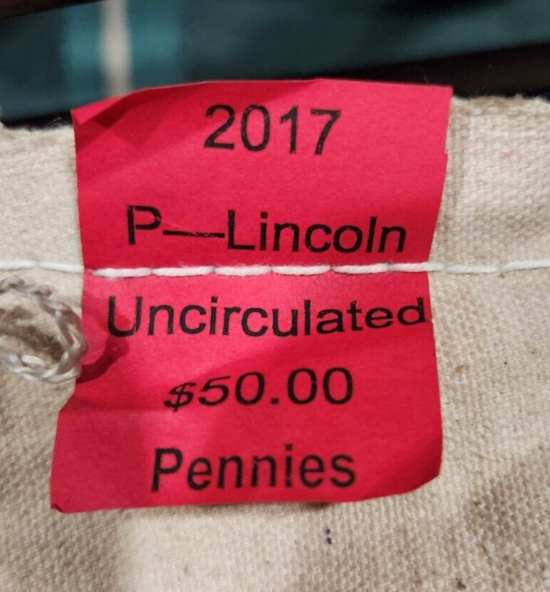 Rare"2017P " MintSewn Bag of Lincoln cents pennies; 5000 count, 50