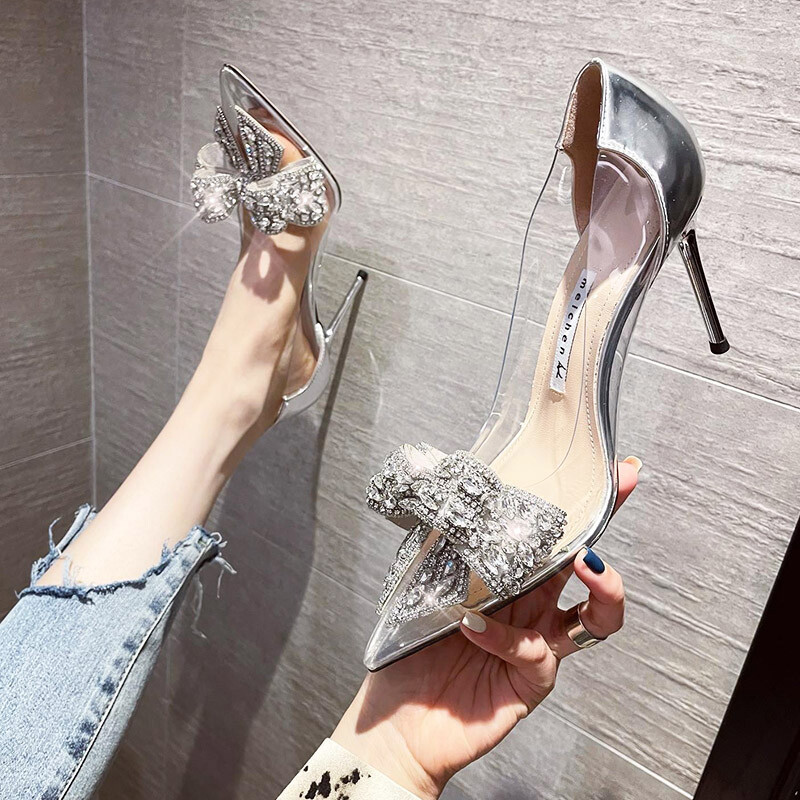 Womens Clear Pointy Toe Rhinestone Bows Sandals Shoes Slip On High Heel  Party | eBay