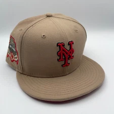 New York Mets Hat 7 5/8 Tan Red Cap UV Final Season Patch Fitted New Era 59Fifty