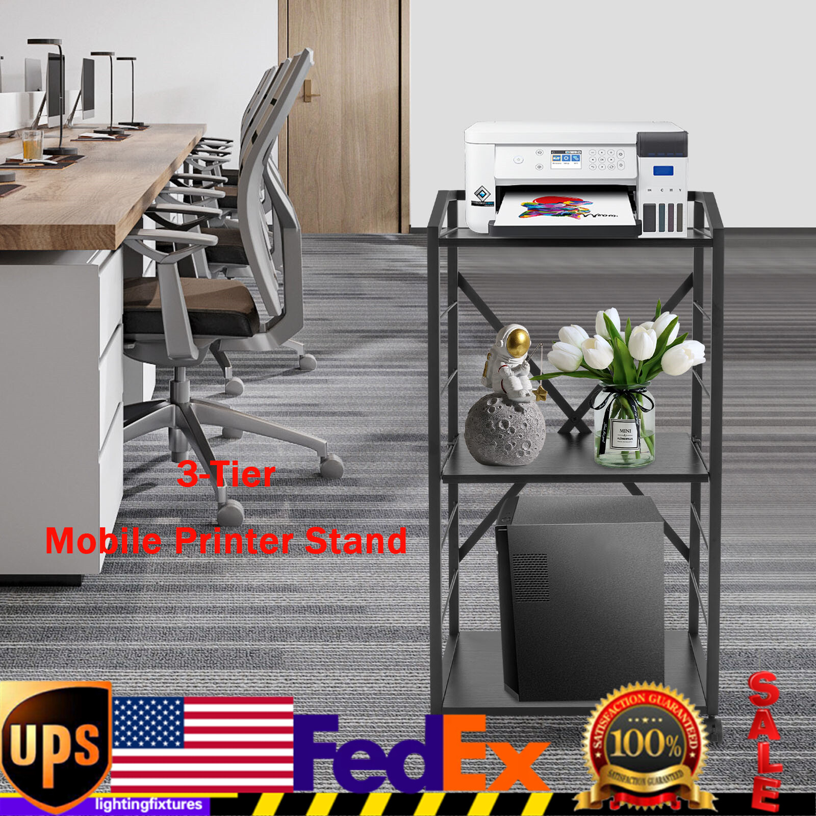 Mobile Printer Stand Modern Storage Holder 3-Tier Printer Shelf Rack with Wheels