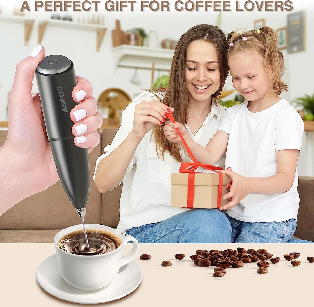 Milk Frother Handheld for Coffee with Stand - AGFOO Hand Frother Wand, Electric