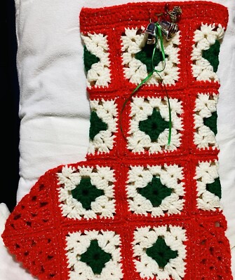 Vintage Handmade Crochet Granny Square Stocking Large 16''x14'' red, green & white