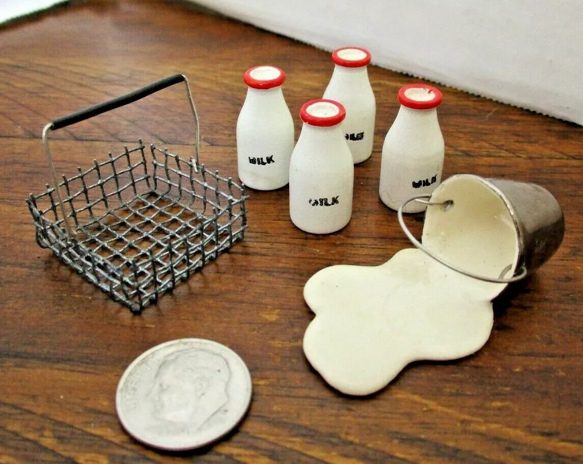 Vintage Mini Wire Basket 4 Wooden Milk Bottles & Bucket of Spilled Milk -  Lovely | eBay