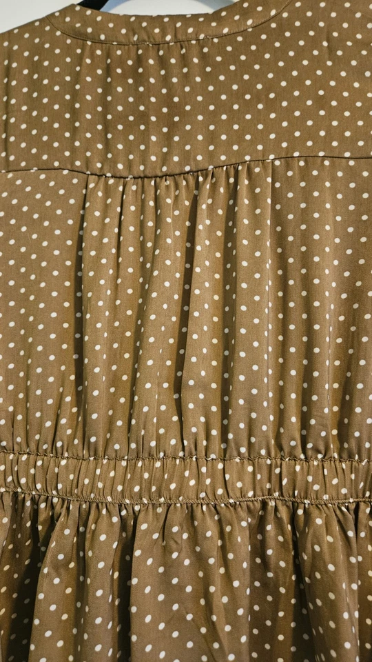 American Eagle Womans Size M Blouse Brown White Polka Dot Peplum Hem Front Tie - Image 4 of 4