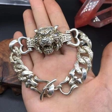 Vintage Indigenous Handmade Tiger Head Silver Bracelet 12562151