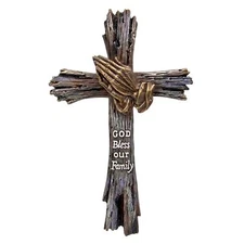 God Bless Our Family Wall Cross with Praying Hands Rustic Wood Look 13 Inches
