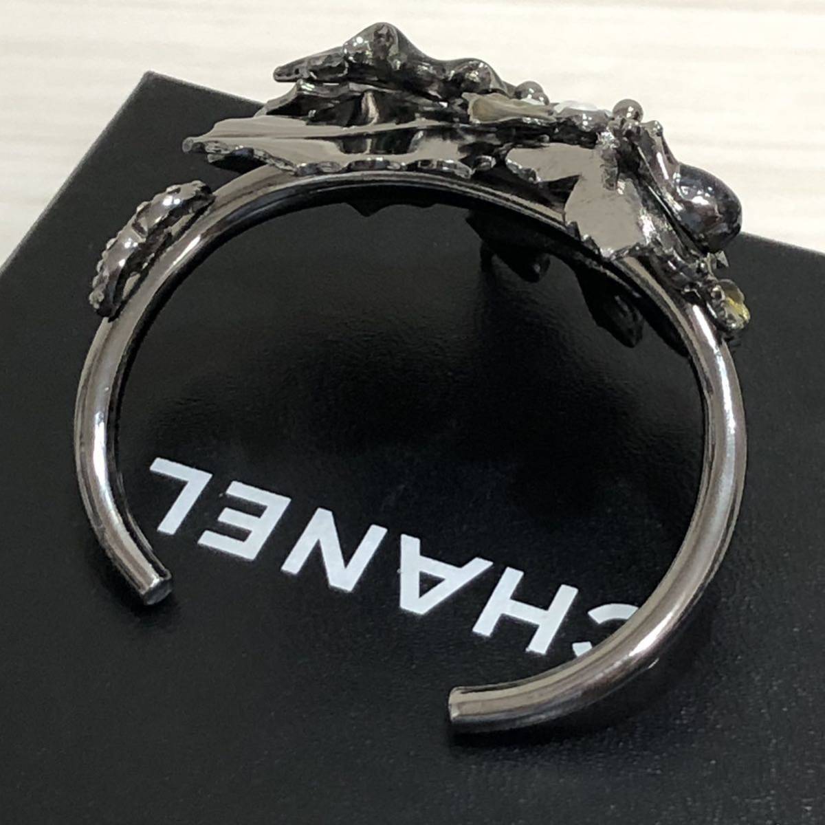 CHANEL Bangle Bracelet Leaves Rhinestone CC Logo Gunmetal