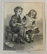 1877 magazine engraving~ LITTLE BOY AND LITTLE GIRL Looking At Lucy's Book